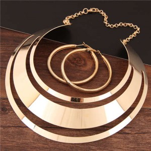 Bold Punk Fashion Women Alloy Bib Necklace and Earrings Set - Golden