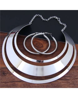 Bold Punk Fashion Women Alloy Bib Necklace and Earrings Set - Silver
