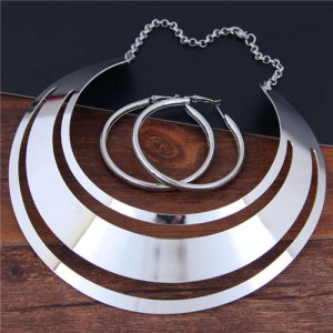 Bold Punk Fashion Women Alloy Bib Necklace and Earrings Set - Silver
