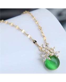 Cubic Zirconia Flower Embellished Round Jade Pendant Copper Women Fashion Costume Necklace - Green