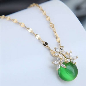 Cubic Zirconia Flower Embellished Round Jade Pendant Copper Women Fashion Costume Necklace - Green