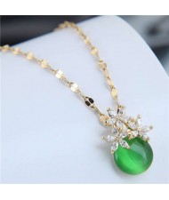 Cubic Zirconia Flower Embellished Round Jade Pendant Copper Women Fashion Costume Necklace - Green