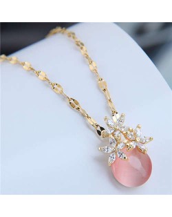 Cubic Zirconia Flower Embellished Round Jade Pendant Copper Women Fashion Costume Necklace - Pink