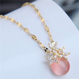 Cubic Zirconia Flower Embellished Round Jade Pendant Copper Women Fashion Costume Necklace - Pink