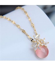 Cubic Zirconia Flower Embellished Round Jade Pendant Copper Women Fashion Costume Necklace - Pink