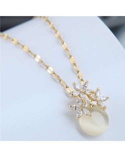 Cubic Zirconia Flower Embellished Round Jade Pendant Copper Women Fashion Costume Necklace - White