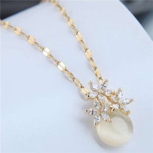 Cubic Zirconia Flower Embellished Round Jade Pendant Copper Women Fashion Costume Necklace - White