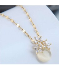 Cubic Zirconia Flower Embellished Round Jade Pendant Copper Women Fashion Costume Necklace - White