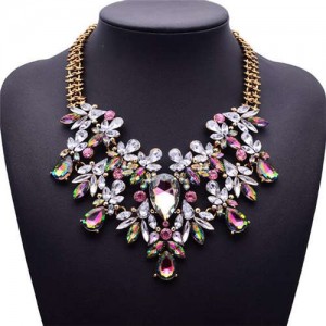 Luminous Colorful Gems Flower Short Bib Fashion Women Statement Costume Necklace
