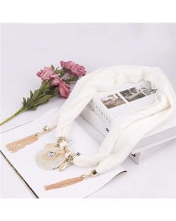 Hollow Vase Design Pendant with Tassel Chains Decoration Design Women Scarf Necklace - White