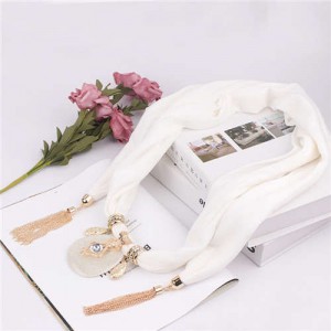 Hollow Vase Design Pendant with Tassel Chains Decoration Design Women Scarf Necklace - White