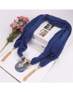 Hollow Vase Design Pendant with Tassel Chains Decoration Design Women Scarf Necklace - Ink Blue