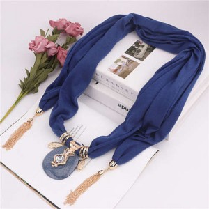 Hollow Vase Design Pendant with Tassel Chains Decoration Design Women Scarf Necklace - Ink Blue