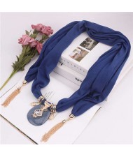 Hollow Vase Design Pendant with Tassel Chains Decoration Design Women Scarf Necklace - Ink Blue