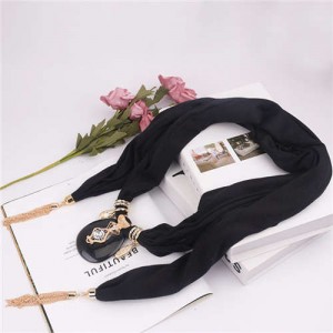 Hollow Vase Design Pendant with Tassel Chains Decoration Design Women Scarf Necklace - Black