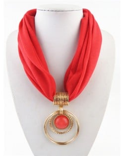 Artificial Turquoise Inlaid Alloy Hoops Pendant Design Women Scarf Necklace - Red