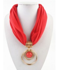 Artificial Turquoise Inlaid Alloy Hoops Pendant Design Women Scarf Necklace - Red