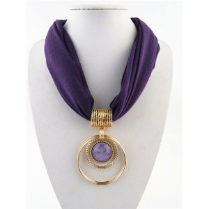 Artificial Turquoise Inlaid Alloy Hoops Pendant Design Women Scarf Necklace - Purple