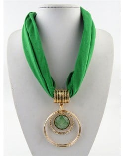 Artificial Turquoise Inlaid Alloy Hoops Pendant Design Women Scarf Necklace - Green