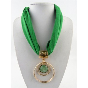 Artificial Turquoise Inlaid Alloy Hoops Pendant Design Women Scarf Necklace - Green