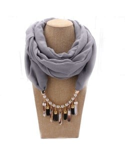 Waterdrops Tassel and Beads Decorated Solid Color Cotton Women Scarf Necklace - Gray