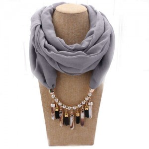 Waterdrops Tassel and Beads Decorated Solid Color Cotton Women Scarf Necklace - Gray