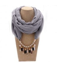 Waterdrops Tassel and Beads Decorated Solid Color Cotton Women Scarf Necklace - Gray