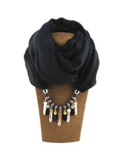 Waterdrops Tassel and Beads Decorated Solid Color Cotton Women Scarf Necklace - Black