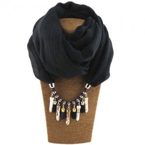 Waterdrops Tassel and Beads Decorated Solid Color Cotton Women Scarf Necklace - Black