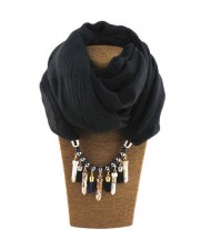 Waterdrops Tassel and Beads Decorated Solid Color Cotton Women Scarf Necklace - Black