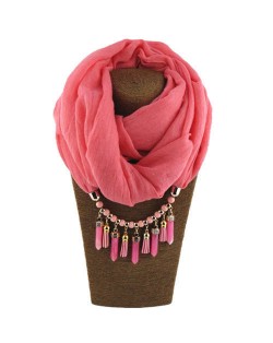 Waterdrops Tassel and Beads Decorated Solid Color Cotton Women Scarf Necklace - Pink