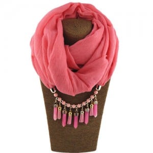 Waterdrops Tassel and Beads Decorated Solid Color Cotton Women Scarf Necklace - Pink