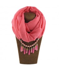 Waterdrops Tassel and Beads Decorated Solid Color Cotton Women Scarf Necklace - Pink