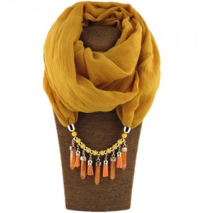 Waterdrops Tassel and Beads Decorated Solid Color Cotton Women Scarf Necklace - Yellow