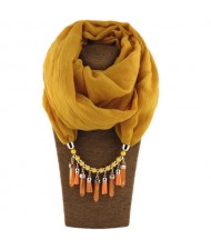 Waterdrops Tassel and Beads Decorated Solid Color Cotton Women Scarf Necklace - Yellow