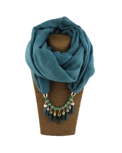 Waterdrops Tassel and Beads Decorated Solid Color Cotton Women Scarf Necklace - Peacock Blue