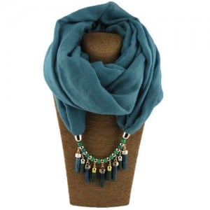 Waterdrops Tassel and Beads Decorated Solid Color Cotton Women Scarf Necklace - Peacock Blue