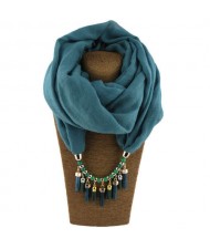 Waterdrops Tassel and Beads Decorated Solid Color Cotton Women Scarf Necklace - Peacock Blue