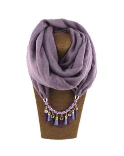Waterdrops Tassel and Beads Decorated Solid Color Cotton Women Scarf Necklace - Violet