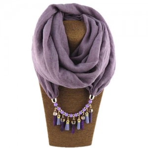 Waterdrops Tassel and Beads Decorated Solid Color Cotton Women Scarf Necklace - Violet