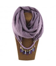 Waterdrops Tassel and Beads Decorated Solid Color Cotton Women Scarf Necklace - Violet