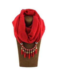 Waterdrops Tassel and Beads Decorated Solid Color Cotton Women Scarf Necklace - Red