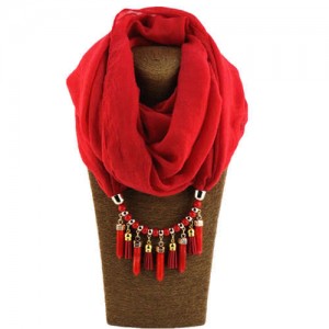 Waterdrops Tassel and Beads Decorated Solid Color Cotton Women Scarf Necklace - Red