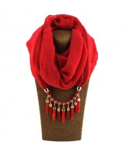 Waterdrops Tassel and Beads Decorated Solid Color Cotton Women Scarf Necklace - Red