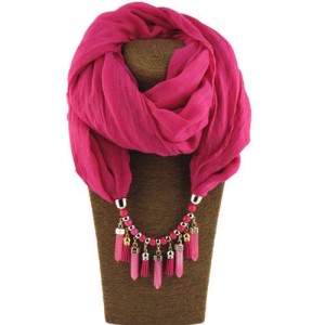 Waterdrops Tassel and Beads Decorated Solid Color Cotton Women Scarf Necklace - Rose