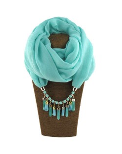 Waterdrops Tassel and Beads Decorated Solid Color Cotton Women Scarf Necklace - Sky Blue