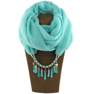 Waterdrops Tassel and Beads Decorated Solid Color Cotton Women Scarf Necklace - Sky Blue