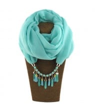 Waterdrops Tassel and Beads Decorated Solid Color Cotton Women Scarf Necklace - Sky Blue