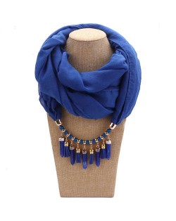 Waterdrops Tassel and Beads Decorated Solid Color Cotton Women Scarf Necklace - Royal Blue