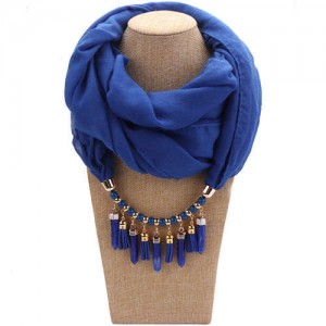 Waterdrops Tassel and Beads Decorated Solid Color Cotton Women Scarf Necklace - Royal Blue